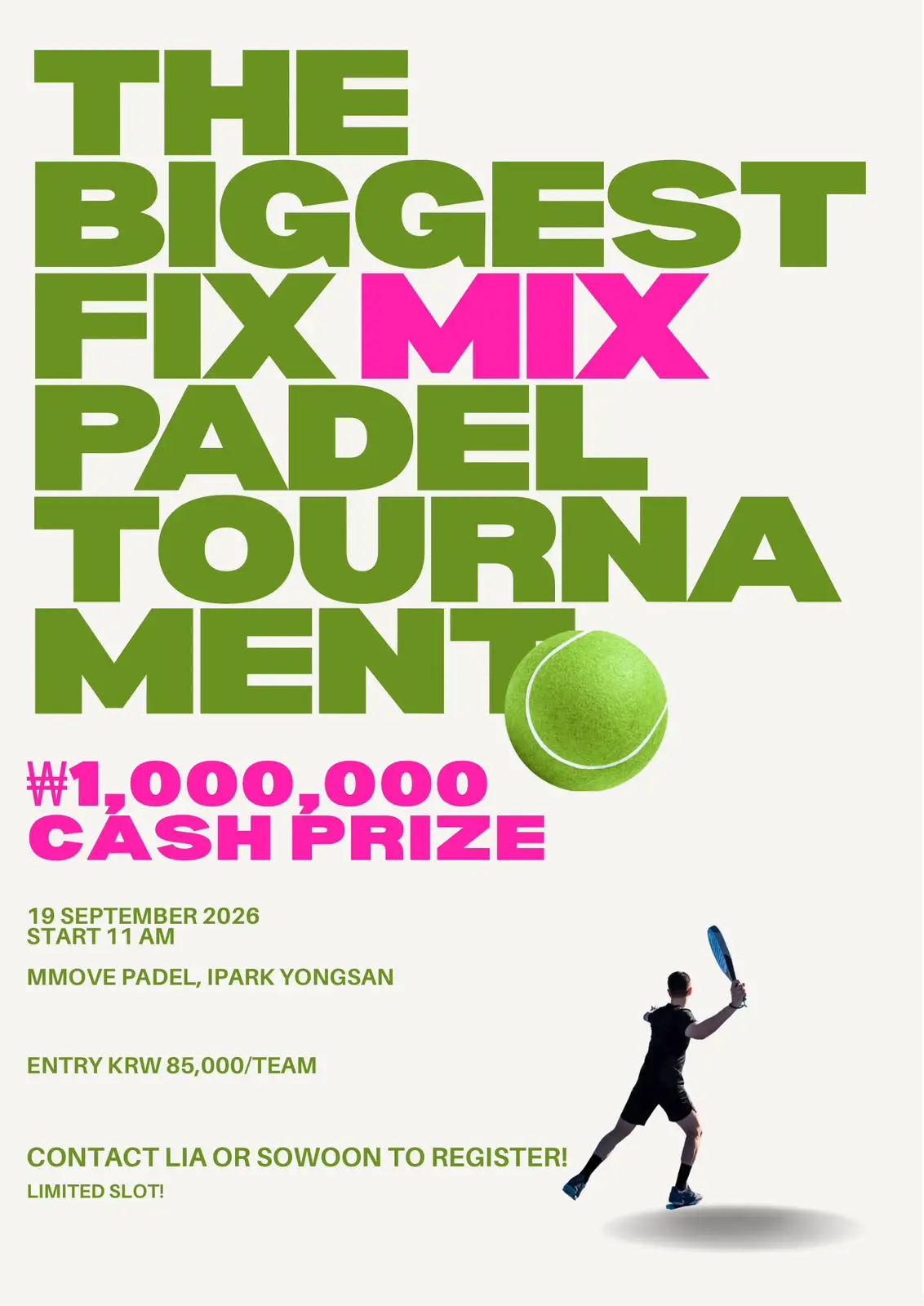 Nopson Tournament: 19 September 2026, 11 AM at Mmove Padel, Ipark Yongsan. ₩1,000,000 cash prize.